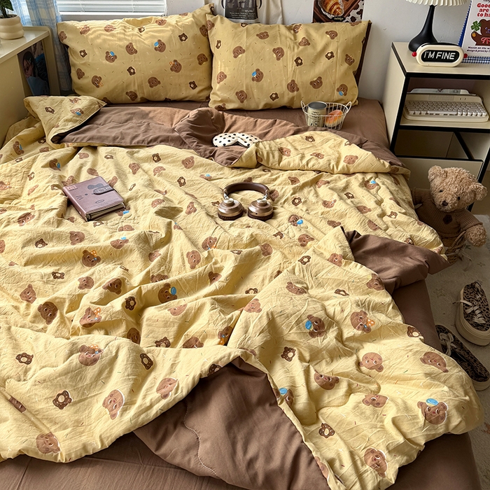 91家纺网 家纺一手货源 找家纺 原素 2026夏季A类水洗棉双层纱夏凉被四件套 奶盖熊