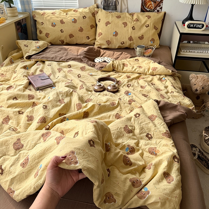 91家纺网 家纺一手货源 找家纺 原素 2026夏季A类水洗棉双层纱夏凉被四件套 奶盖熊