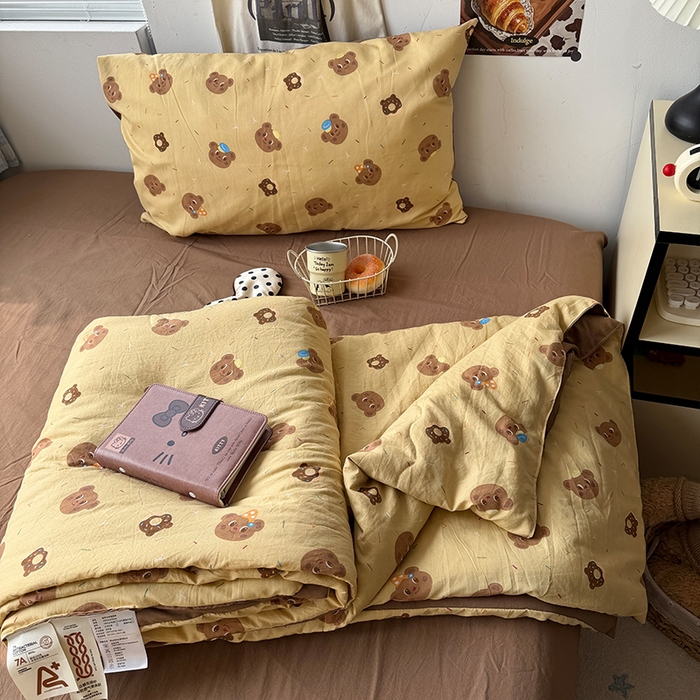 91家纺网 家纺一手货源 找家纺 原素 2026夏季A类水洗棉双层纱夏凉被四件套 奶盖熊