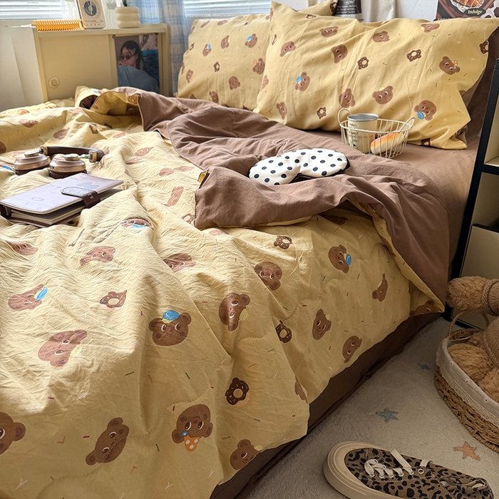 91家纺网 家纺一手货源 找家纺 原素 2026夏季A类水洗棉双层纱夏凉被四件套 奶盖熊