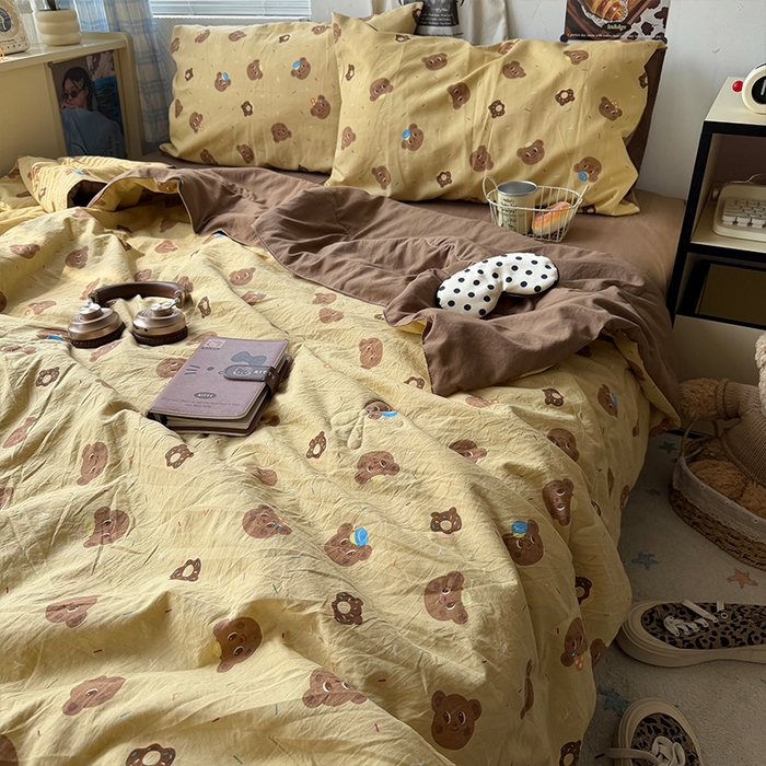 91家纺网 家纺一手货源 找家纺 原素 2026夏季A类水洗棉双层纱夏凉被四件套 奶盖熊