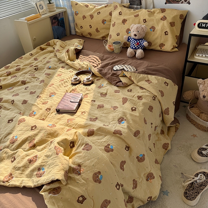 91家纺网 家纺一手货源 找家纺 原素 2026夏季A类水洗棉双层纱夏凉被四件套 奶盖熊