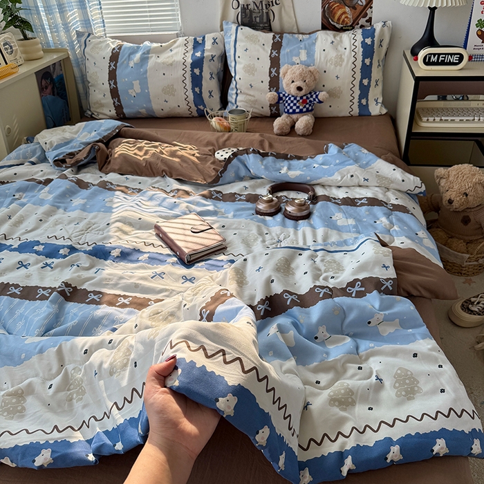 91家纺网 家纺一手货源 找家纺 原素 2026夏季A类水洗棉双层纱夏凉被四件套 费尔岛狗狗