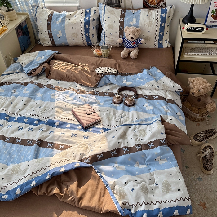 91家纺网 家纺一手货源 找家纺 原素 2026夏季A类水洗棉双层纱夏凉被四件套 费尔岛狗狗