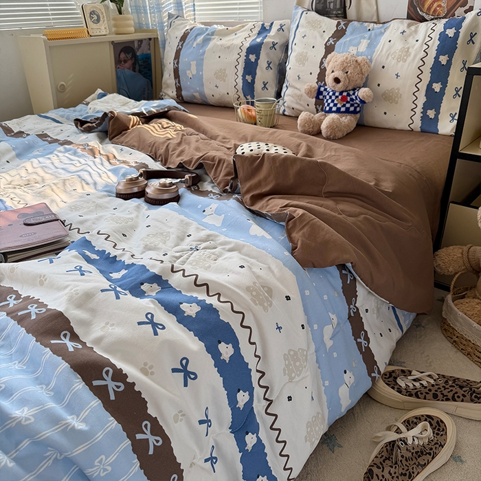 91家纺网 家纺一手货源 找家纺 原素 2026夏季A类水洗棉双层纱夏凉被四件套 费尔岛狗狗