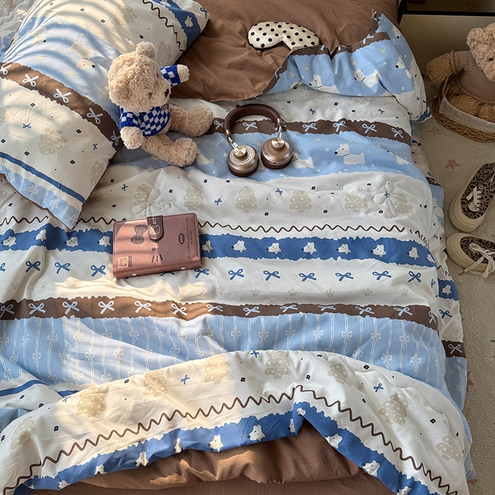 91家纺网 家纺一手货源 找家纺 原素 2026夏季A类水洗棉双层纱夏凉被四件套 费尔岛狗狗