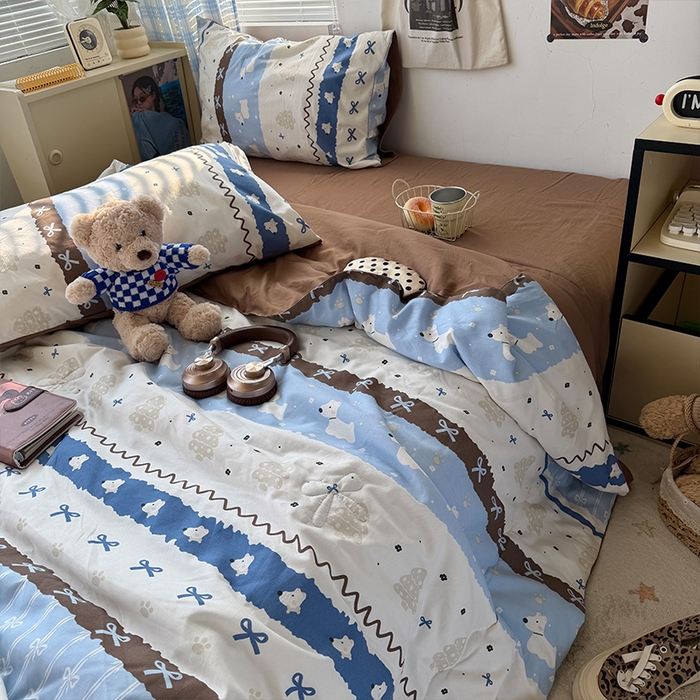 91家纺网 家纺一手货源 找家纺 原素 2026夏季A类水洗棉双层纱夏凉被四件套 费尔岛狗狗