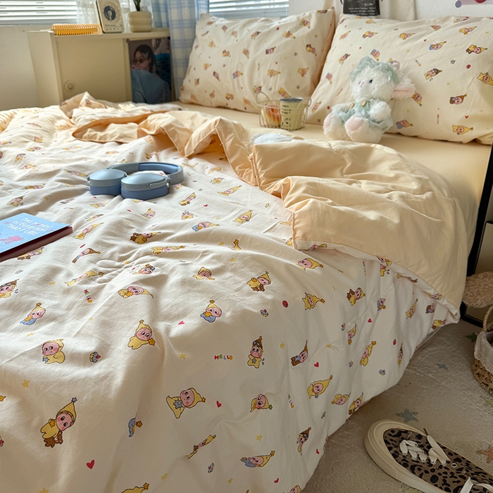 91家纺网 家纺一手货源 找家纺 原素 2026夏季A类水洗棉双层纱夏凉被四件套 米乐星星人