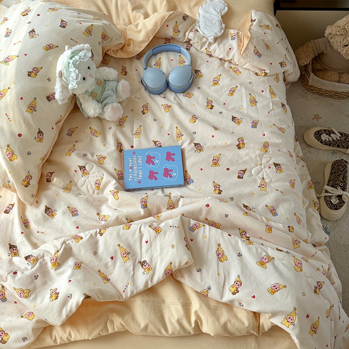 91家纺网 家纺一手货源 找家纺 原素 2026夏季A类水洗棉双层纱夏凉被四件套 米乐星星人