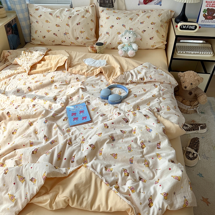 91家纺网 家纺一手货源 找家纺 原素 2026夏季A类水洗棉双层纱夏凉被四件套 米乐星星人