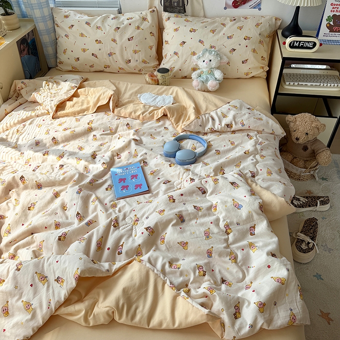 91家纺网 家纺一手货源 找家纺 原素 2026夏季A类水洗棉双层纱夏凉被四件套 米乐星星人