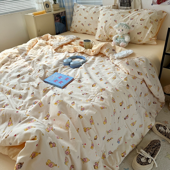 91家纺网 家纺一手货源 找家纺 原素 2026夏季A类水洗棉双层纱夏凉被四件套 米乐星星人