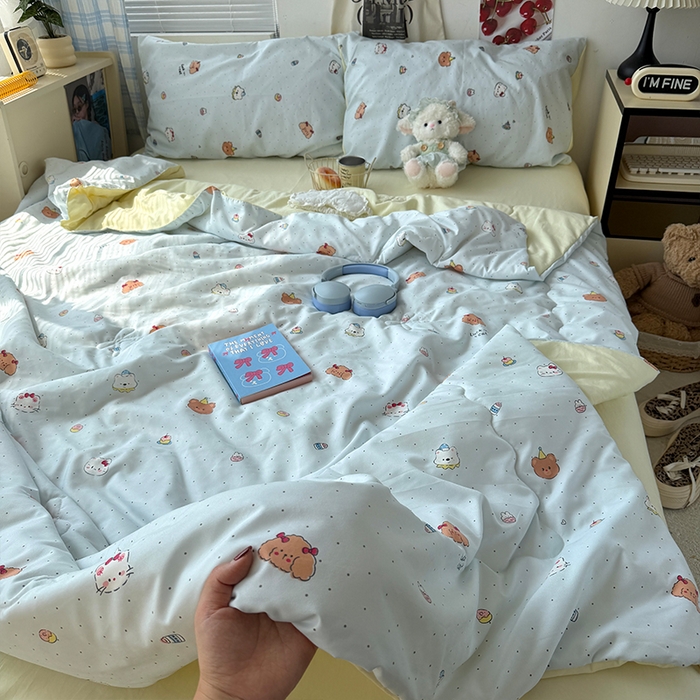 91家纺网 家纺一手货源 找家纺 原素 2026夏季A类水洗棉双层纱夏凉被四件套 小乖麻团