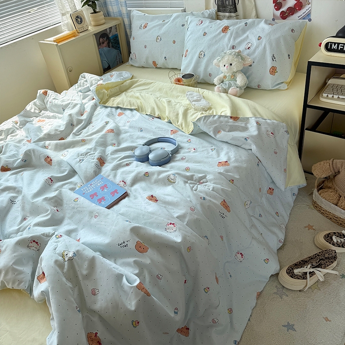 91家纺网 家纺一手货源 找家纺 原素 2026夏季A类水洗棉双层纱夏凉被四件套 小乖麻团