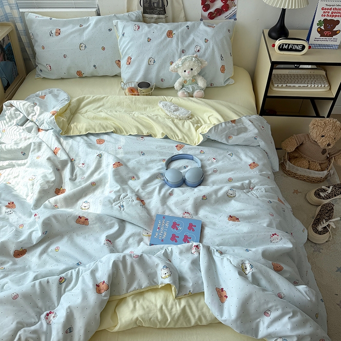 91家纺网 家纺一手货源 找家纺 原素 2026夏季A类水洗棉双层纱夏凉被四件套 小乖麻团