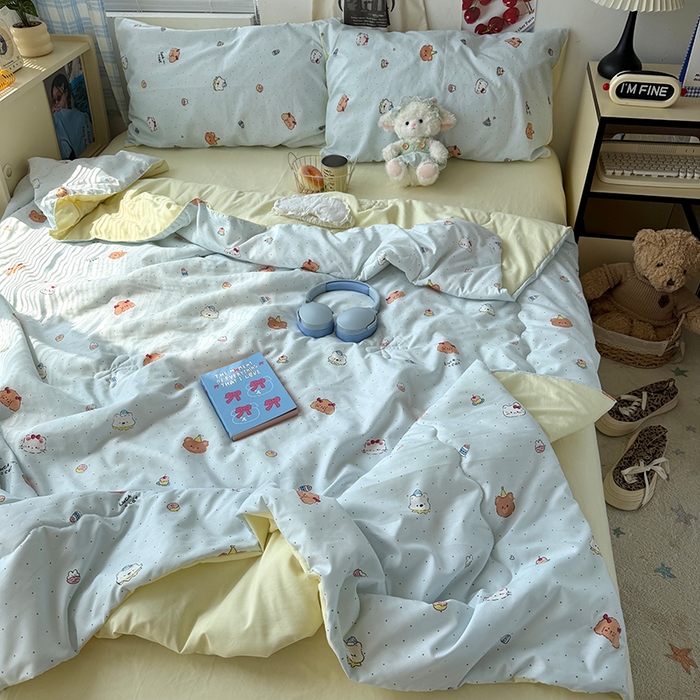 91家纺网 家纺一手货源 找家纺 原素 2026夏季A类水洗棉双层纱夏凉被四件套 小乖麻团