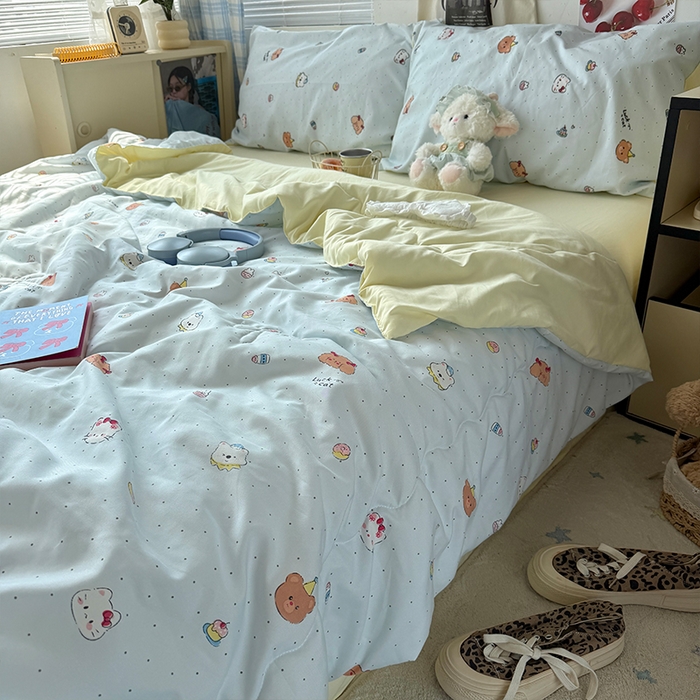 91家纺网 家纺一手货源 找家纺 原素 2026夏季A类水洗棉双层纱夏凉被四件套 小乖麻团