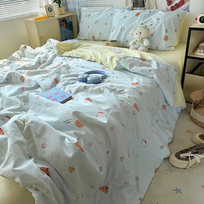 91家纺网 家纺一手货源 找家纺 原素 2026夏季A类水洗棉双层纱夏凉被四件套 小乖麻团