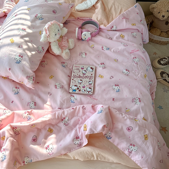 91家纺网 家纺一手货源 找家纺 原素 2026夏季A类水洗棉双层纱夏凉被四件套 小猫困困