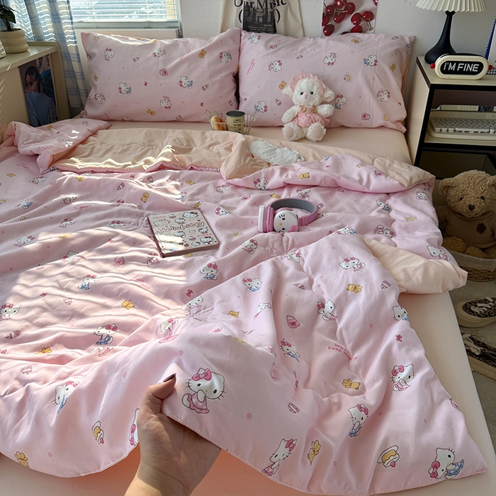 91家纺网 家纺一手货源 找家纺 原素 2026夏季A类水洗棉双层纱夏凉被四件套 小猫困困