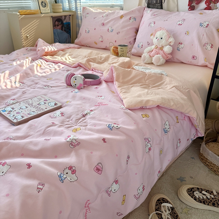 91家纺网 家纺一手货源 找家纺 原素 2026夏季A类水洗棉双层纱夏凉被四件套 小猫困困