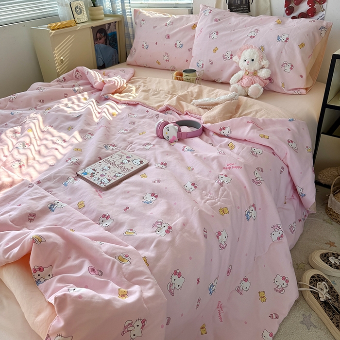 91家纺网 家纺一手货源 找家纺 原素 2026夏季A类水洗棉双层纱夏凉被四件套 小猫困困