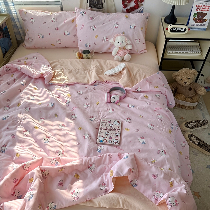 91家纺网 家纺一手货源 找家纺 原素 2026夏季A类水洗棉双层纱夏凉被四件套 小猫困困