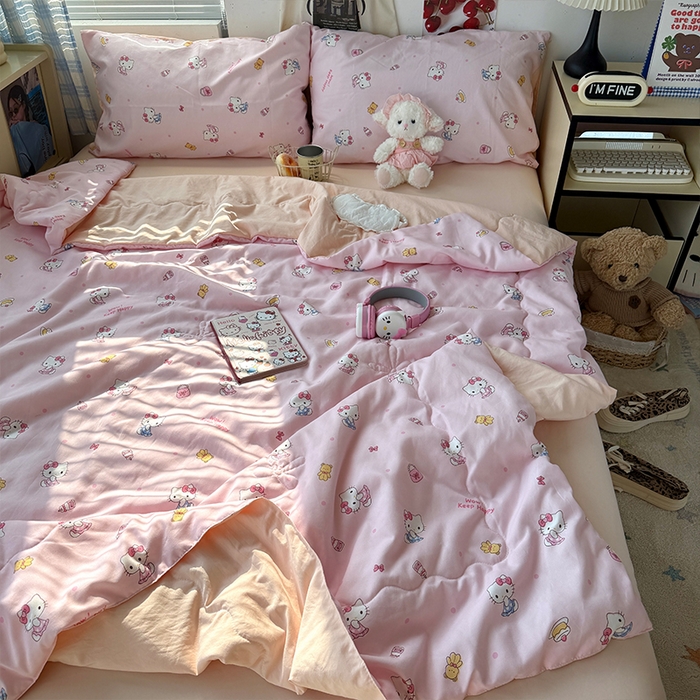 91家纺网 家纺一手货源 找家纺 原素 2026夏季A类水洗棉双层纱夏凉被四件套 小猫困困