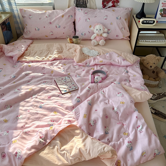 91家纺网 家纺一手货源 找家纺 原素 2026夏季A类水洗棉双层纱夏凉被四件套 小猫困困