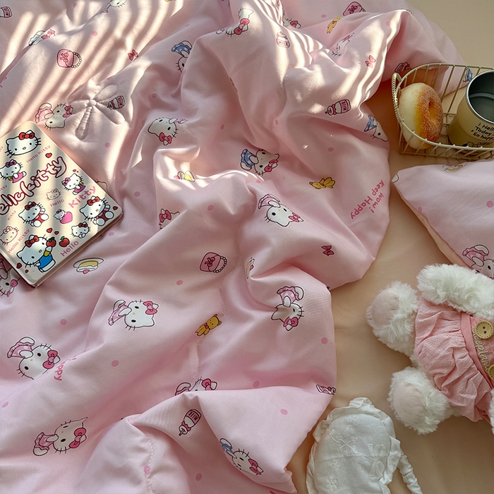 91家纺网 家纺一手货源 找家纺 原素 2026夏季A类水洗棉双层纱夏凉被四件套 小猫困困