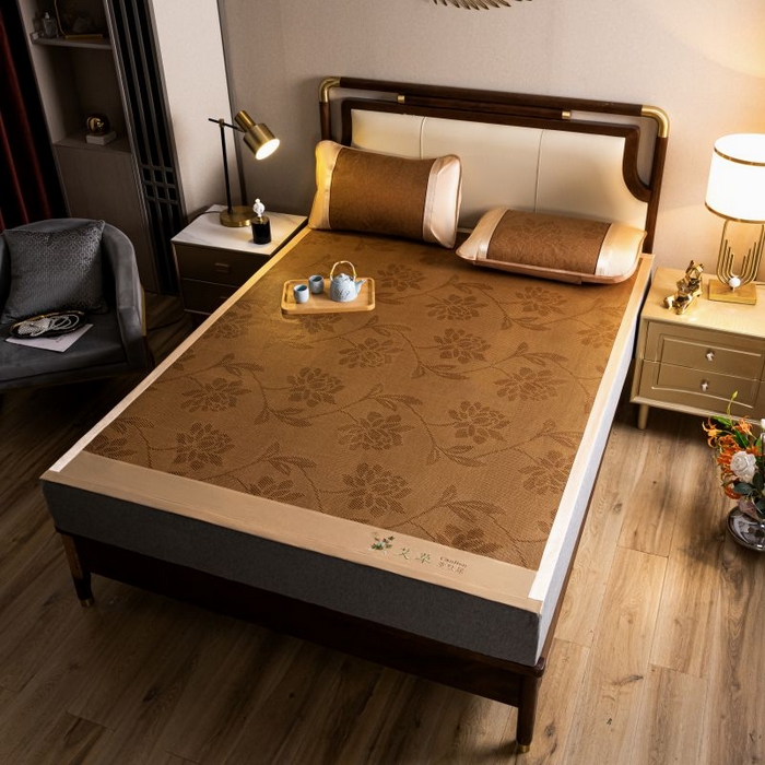 91家纺网 家纺一手货源 找家纺 （总）瑞禾家纺 2026新款艾草刺绣双面古藤席艾草刺绣藤席双面席反面冰丝席（新拍图）