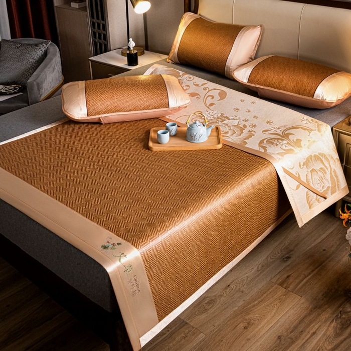 91家纺网 家纺一手货源 找家纺 （总）瑞禾家纺 2026新款艾草刺绣双面古藤席艾草刺绣藤席双面席反面冰丝席（新拍图）