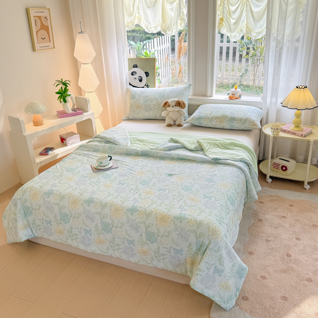 91家纺网 家纺一手货源 找家纺 瑞禾家纺 2026新款印花凉感丝夏被夏凉被 花西子-绿