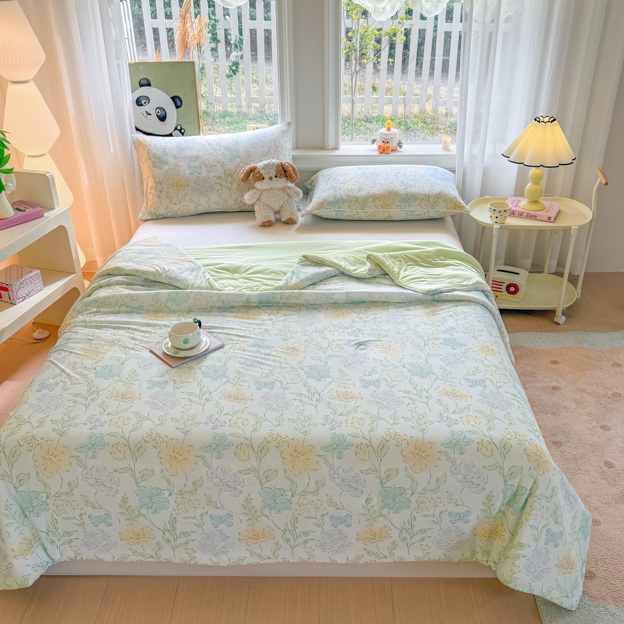 91家纺网 家纺一手货源 找家纺 瑞禾家纺 2026新款印花凉感丝夏被夏凉被 花西子-绿