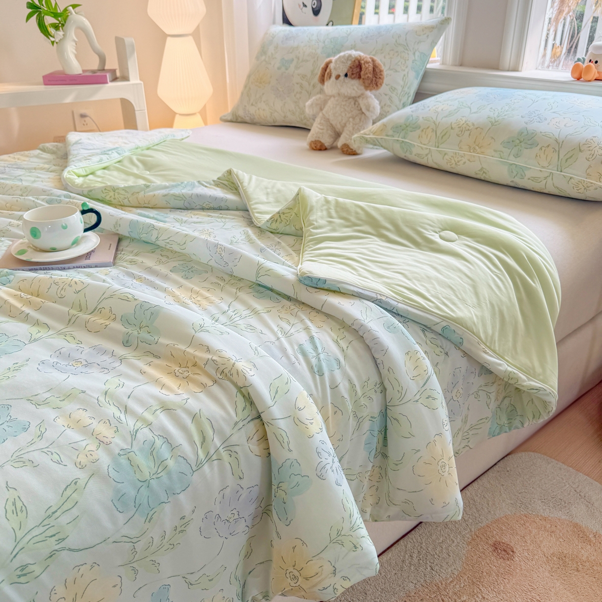 91家纺网 家纺一手货源 找家纺 瑞禾家纺 2026新款印花凉感丝夏被夏凉被 花西子-绿