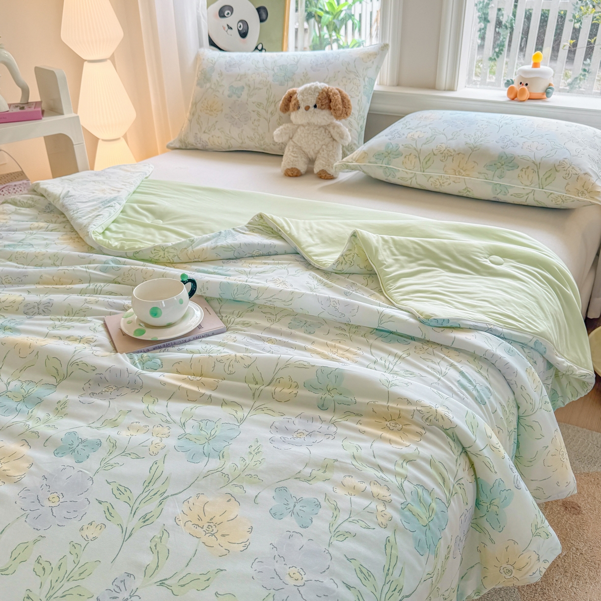 91家纺网 家纺一手货源 找家纺 瑞禾家纺 2026新款印花凉感丝夏被夏凉被 花西子-绿