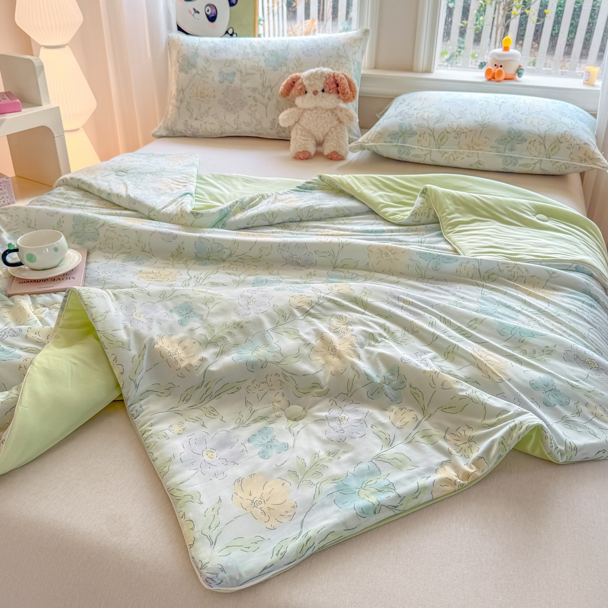 91家纺网 家纺一手货源 找家纺 瑞禾家纺 2026新款印花凉感丝夏被夏凉被 花西子-绿