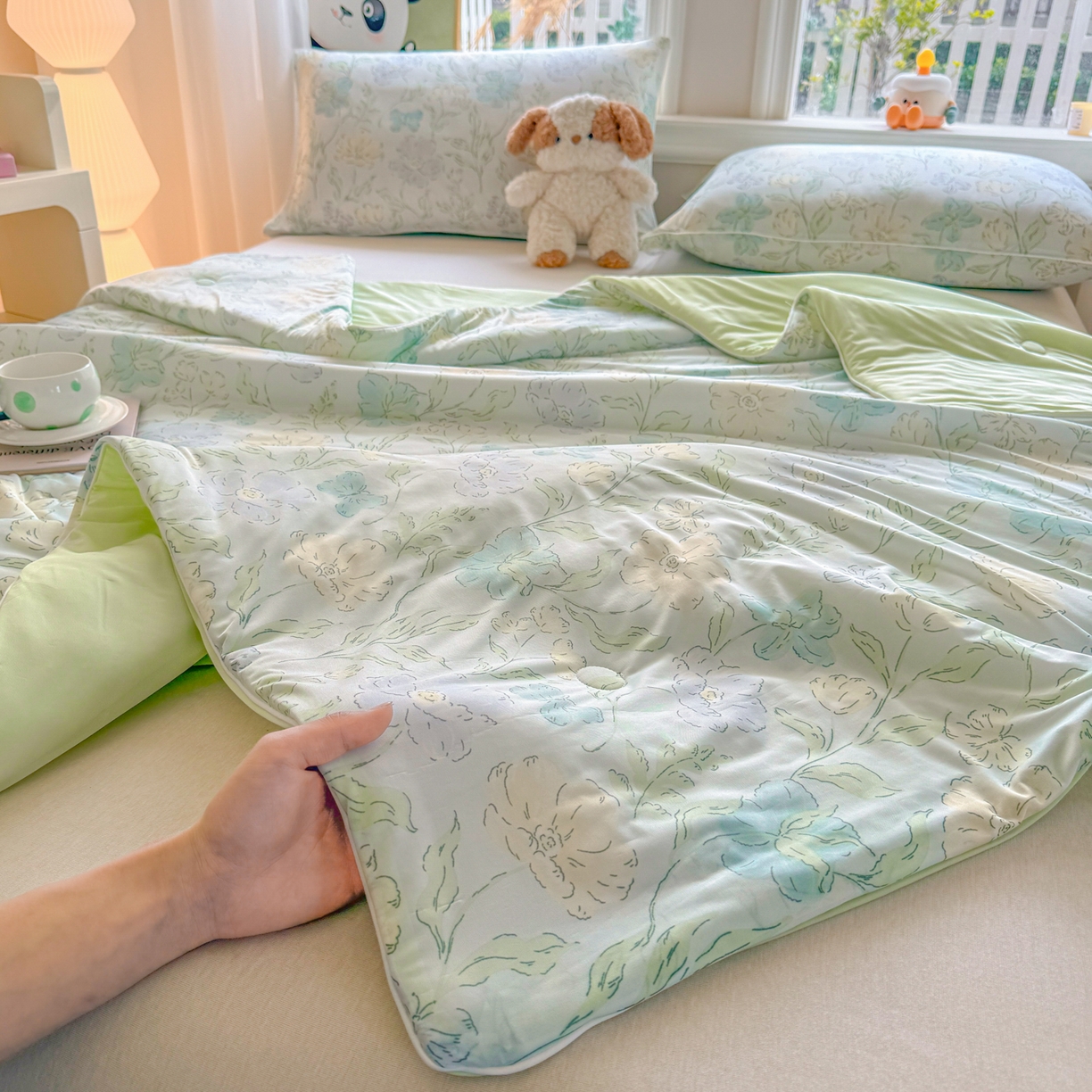 91家纺网 家纺一手货源 找家纺 瑞禾家纺 2026新款印花凉感丝夏被夏凉被 花西子-绿