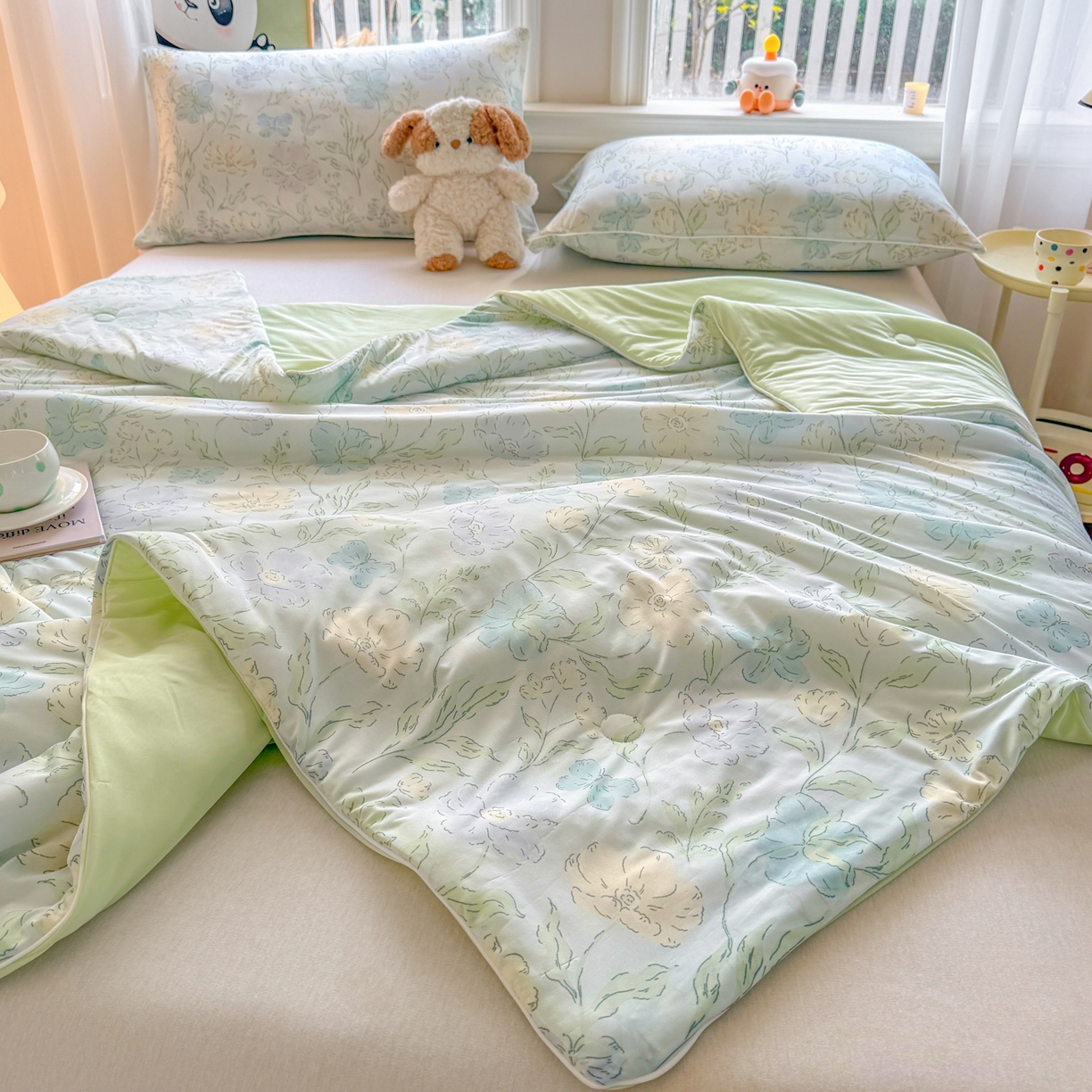 91家纺网 家纺一手货源 找家纺 瑞禾家纺 2026新款印花凉感丝夏被夏凉被 花西子-绿