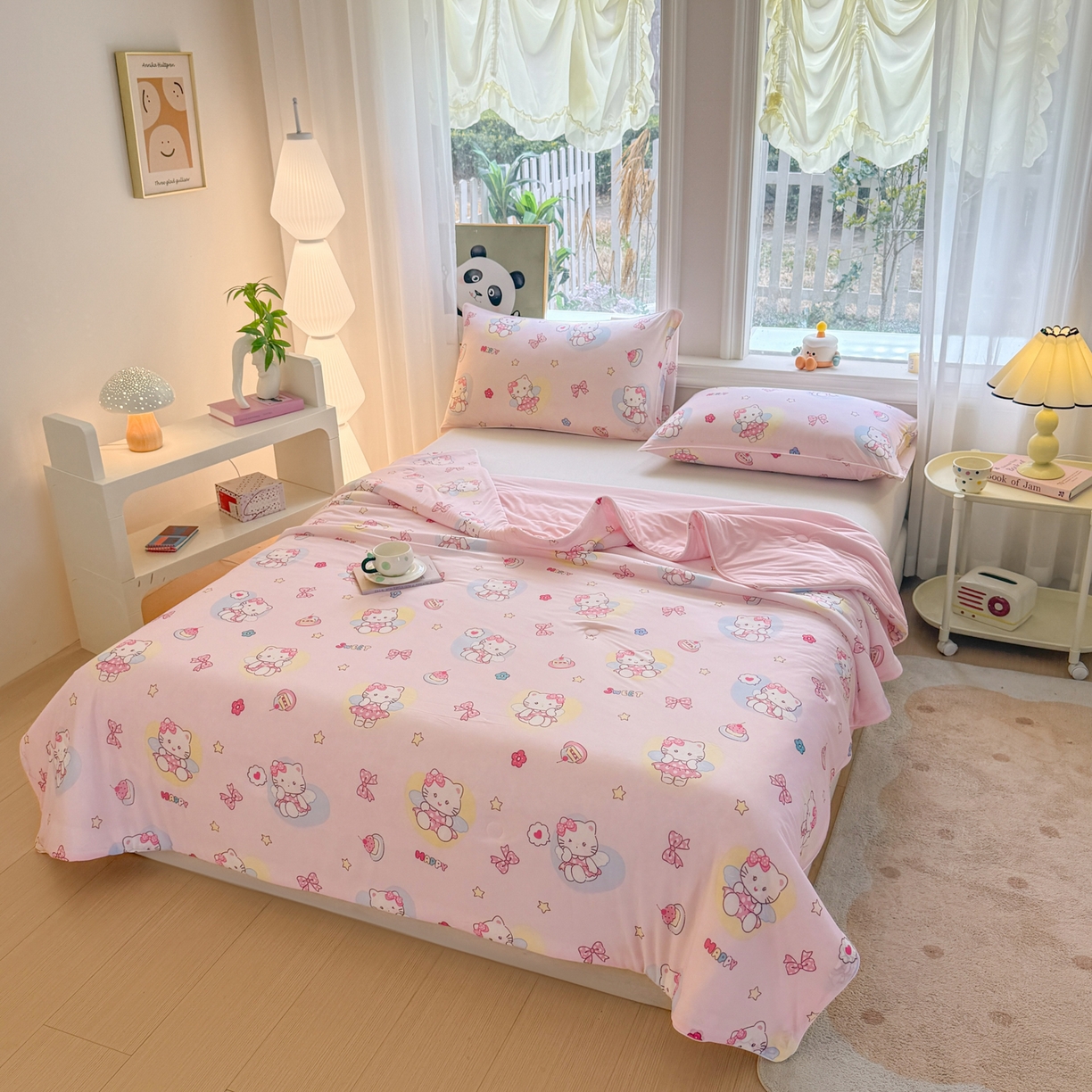 91家纺网 家纺一手货源 找家纺 瑞禾家纺 2026新款印花凉感丝夏被夏凉被 咪咪乐园-粉