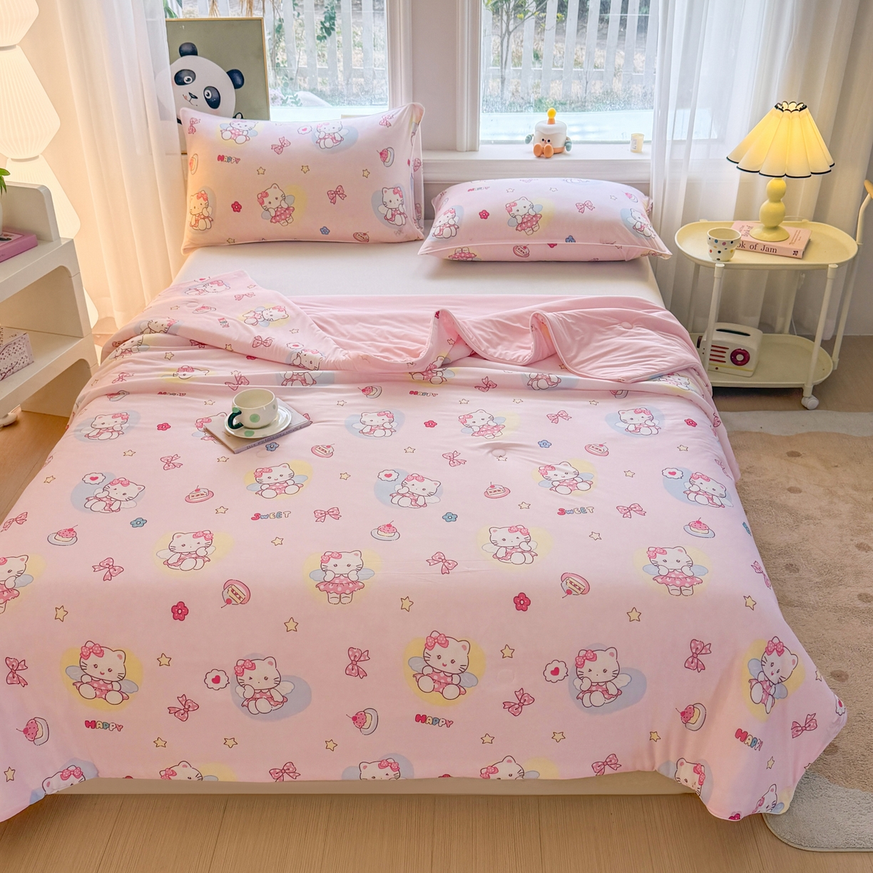 91家纺网 家纺一手货源 找家纺 瑞禾家纺 2026新款印花凉感丝夏被夏凉被 咪咪乐园-粉