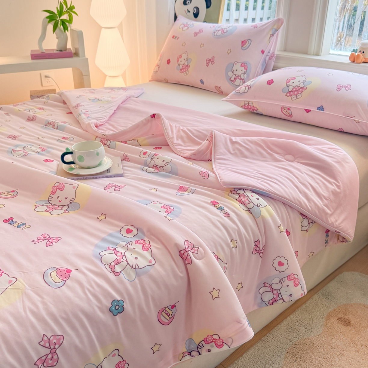 91家纺网 家纺一手货源 找家纺 瑞禾家纺 2026新款印花凉感丝夏被夏凉被 咪咪乐园-粉