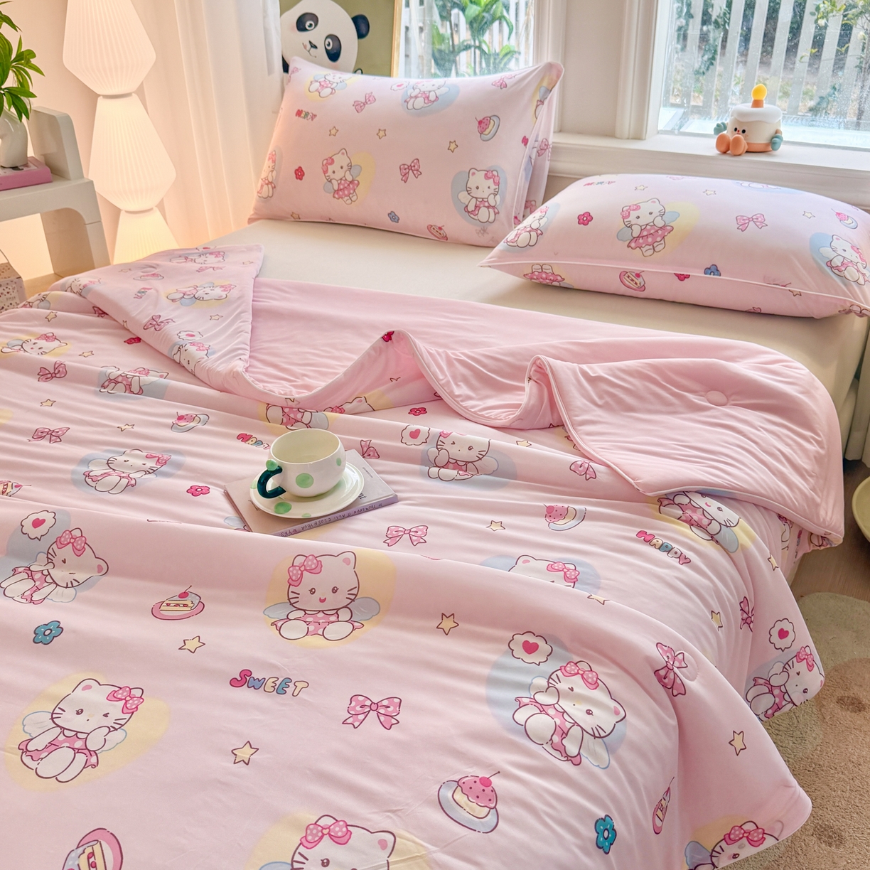 91家纺网 家纺一手货源 找家纺 瑞禾家纺 2026新款印花凉感丝夏被夏凉被 咪咪乐园-粉