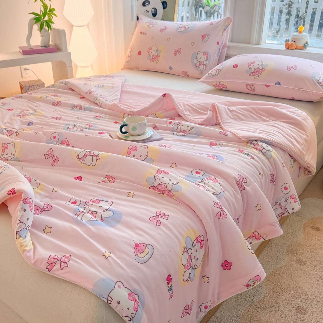 91家纺网 家纺一手货源 找家纺 瑞禾家纺 2026新款印花凉感丝夏被夏凉被 咪咪乐园-粉