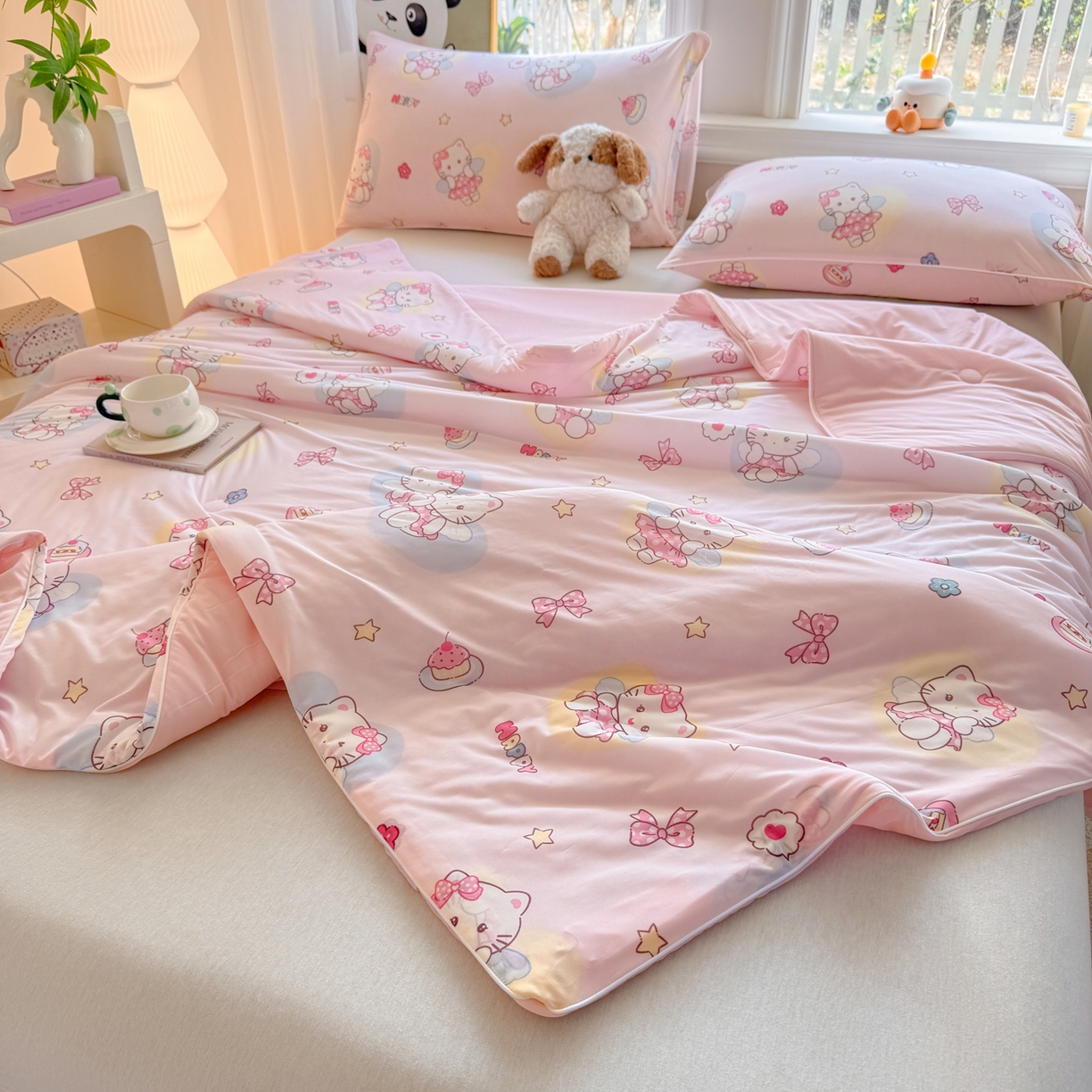 91家纺网 家纺一手货源 找家纺 瑞禾家纺 2026新款印花凉感丝夏被夏凉被 咪咪乐园-粉