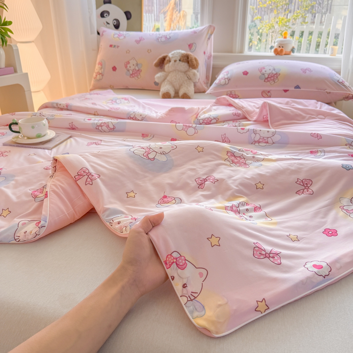 91家纺网 家纺一手货源 找家纺 瑞禾家纺 2026新款印花凉感丝夏被夏凉被 咪咪乐园-粉