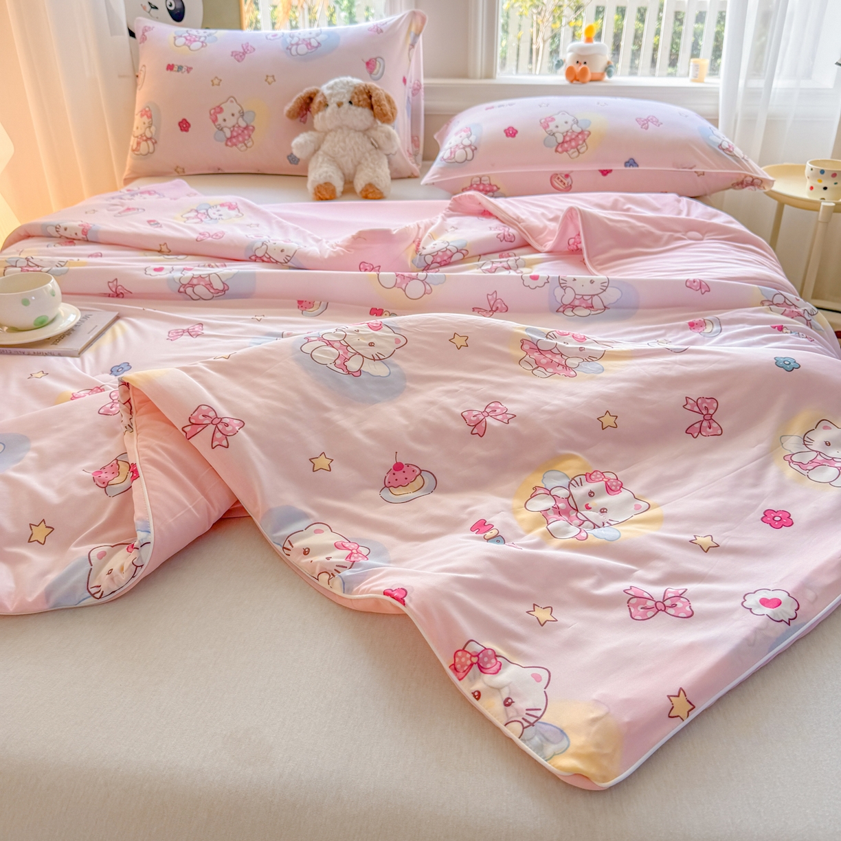 91家纺网 家纺一手货源 找家纺 瑞禾家纺 2026新款印花凉感丝夏被夏凉被 咪咪乐园-粉