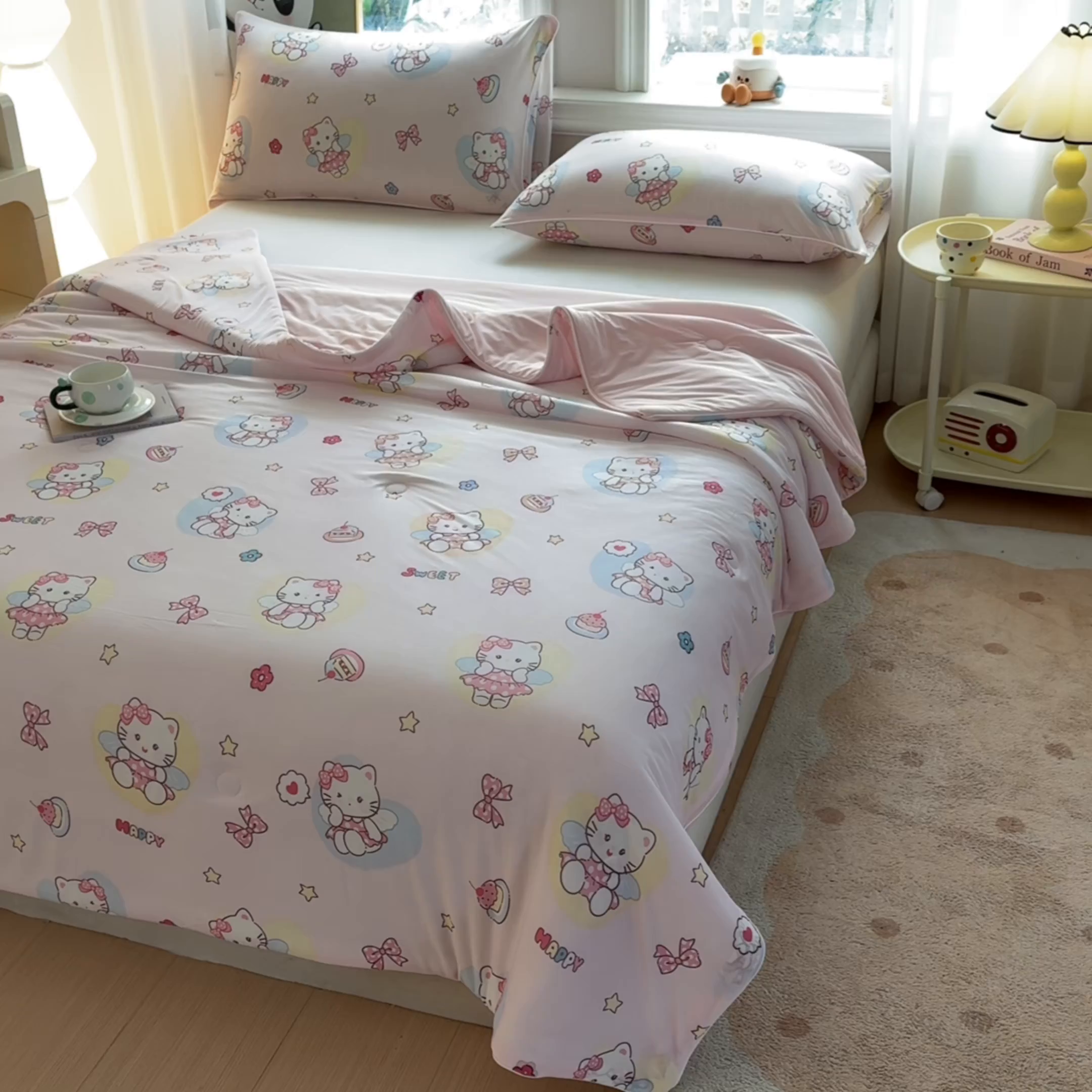 91家纺网 家纺一手货源 找家纺 瑞禾家纺 2026新款印花凉感丝夏被夏凉被 咪咪乐园-粉