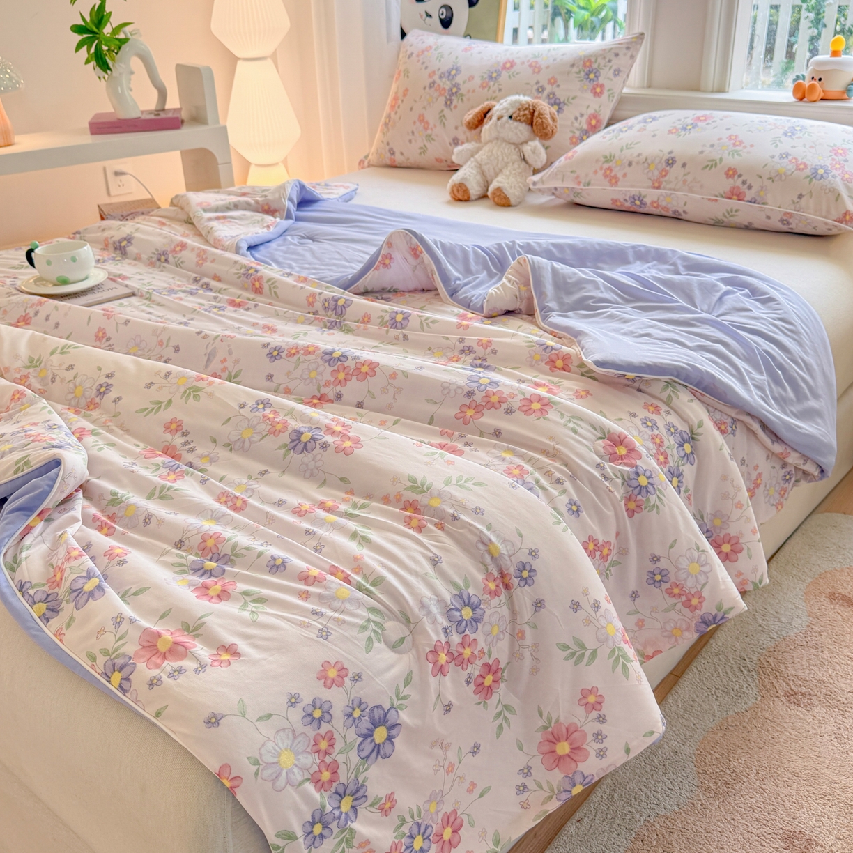 91家纺网 家纺一手货源 找家纺 瑞禾家纺 2026新款印花凉感丝夏被夏凉被 幽兰-粉