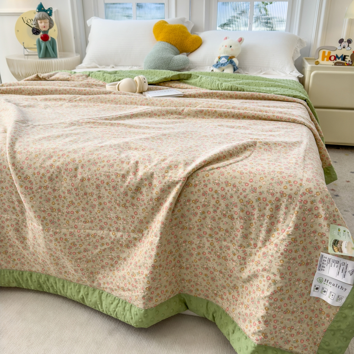 91家纺网 家纺一手货源 找家纺 瑞禾家纺 2026新款印花夏凉豆豆夏被手工包边被子被芯儿童 半糖主义-绿